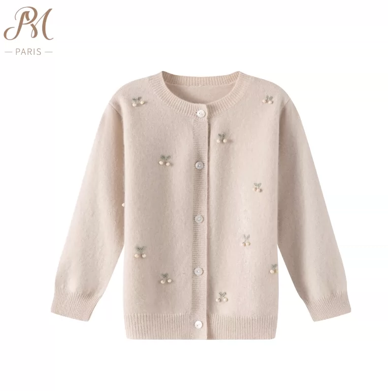 Khaki Berry Embroidered Wool Cardigan