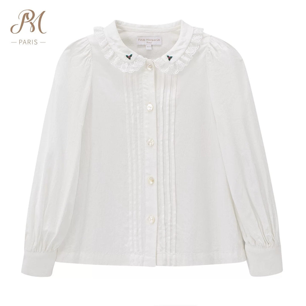 Peter Pan Collar Tuck Pleat Embroidered Blouse