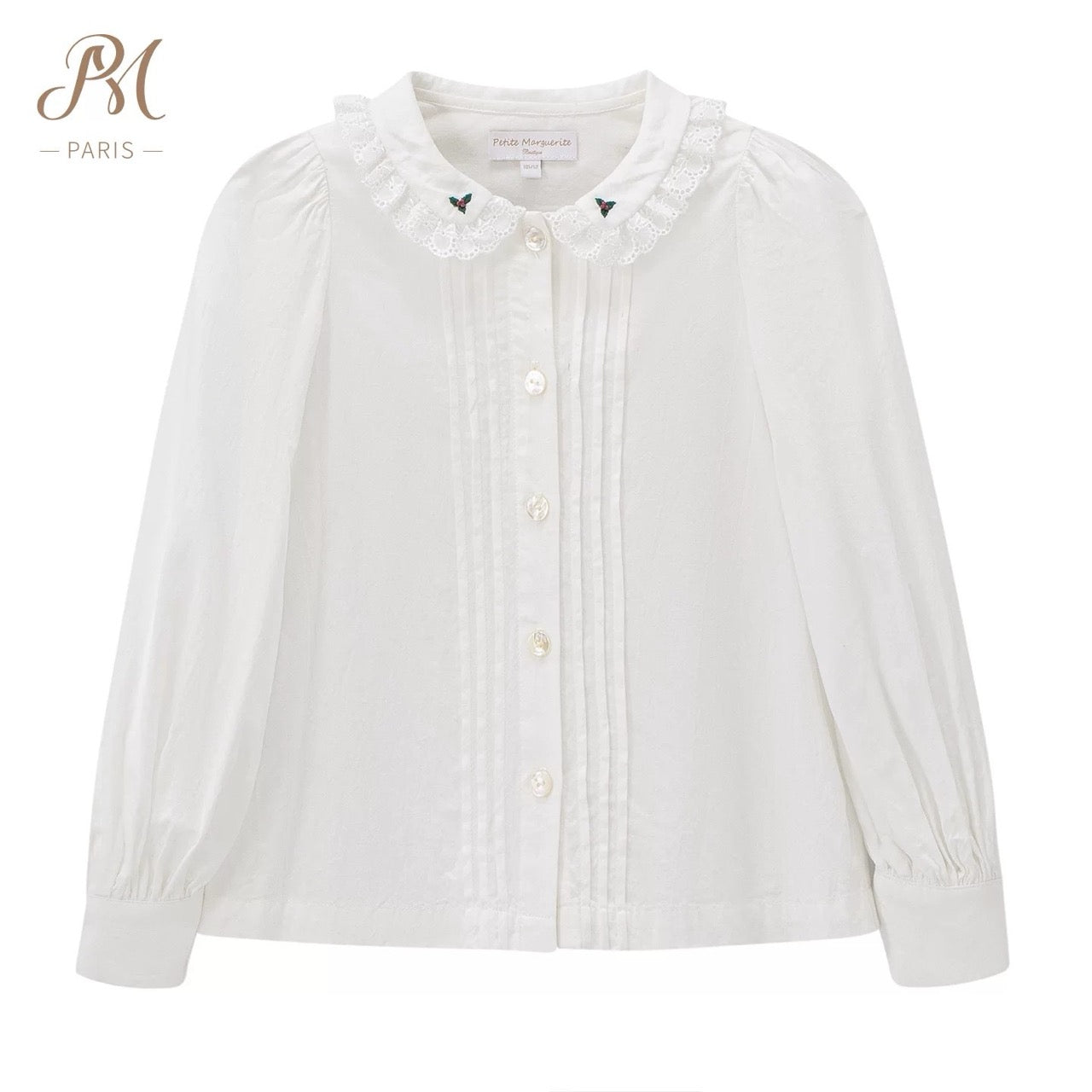 Peter Pan Collar Tuck Pleat Embroidered Blouse