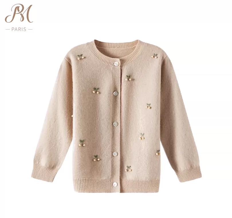 Dark Khaki Berry Embroidered Wool Cardigan