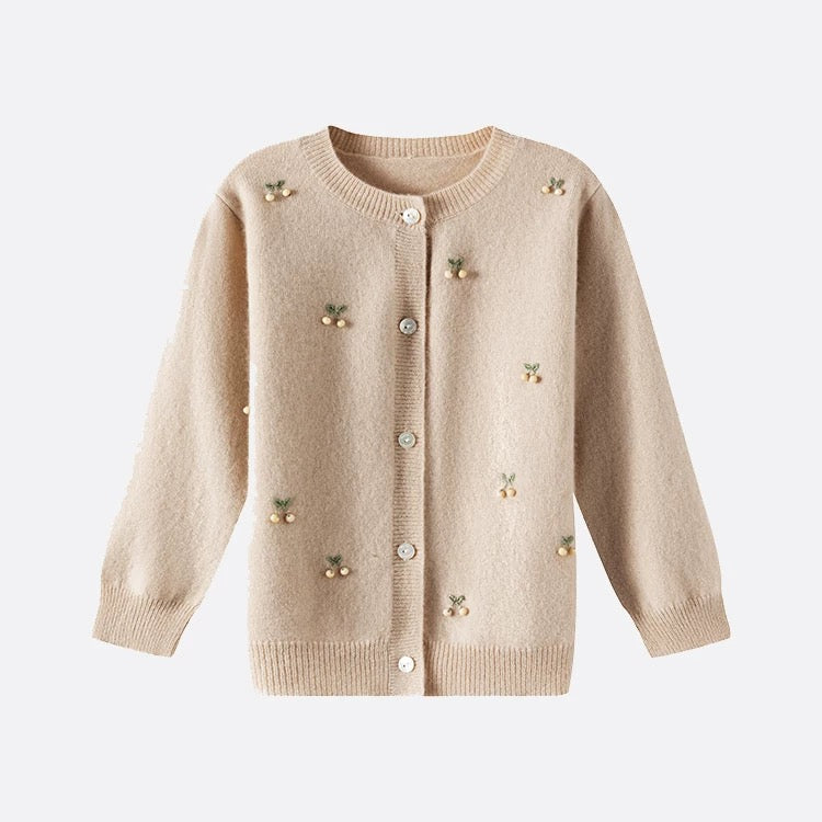 Dark Khaki Berry Embroidered Wool Cardigan